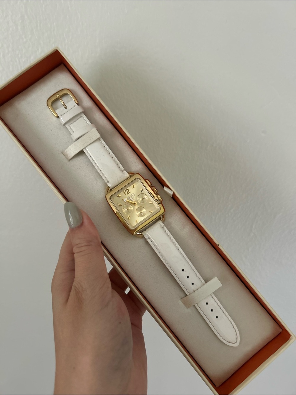 Coach Gold-Tone Square Dial White Leather Strap Women's Watch
